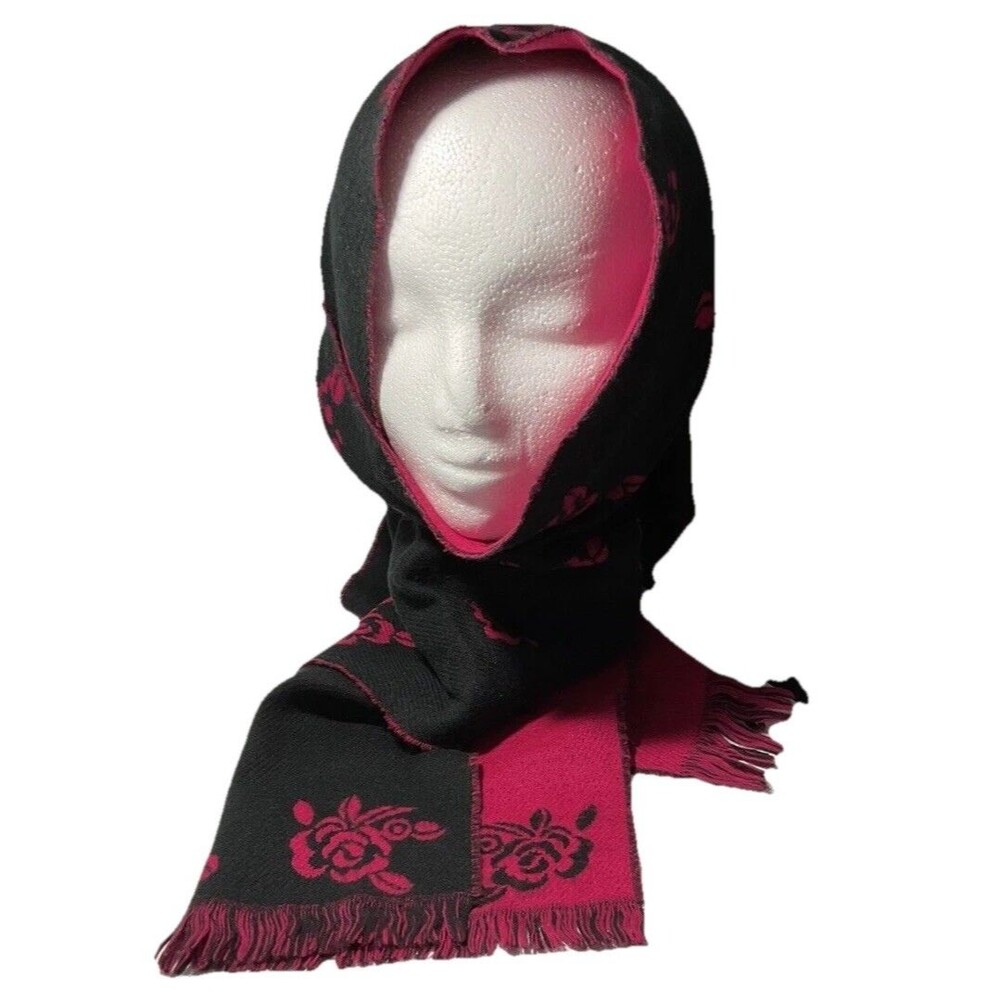 Black & Red Floral Knit Scarf 100% Acrylic Made in Japan 52" X 12" Nice EUC